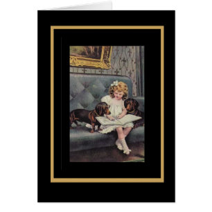 Vintage Card Little Girl Reading To Dogs