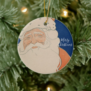 Vintage Card Santa in Red on Blue Ceramic Ornament