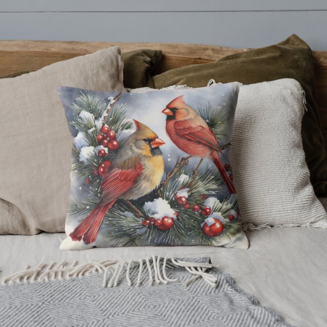 Vintage Cardinal Birds and Winter Holly Christmas  Cushion (Creator Uploaded)