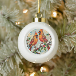 Vintage Cardinal Pair on Snowy Holly Branch Ceramic Ball Christmas Ornament