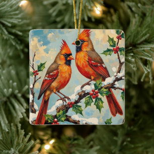 Vintage Cardinal Pair on Snowy Holly Branch Ceramic Ornament