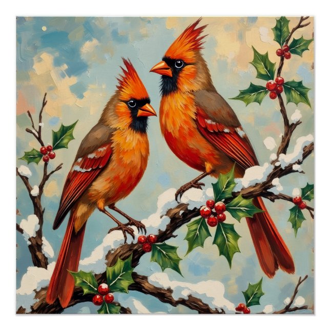 Vintage Cardinal Pair on Snowy Holly Branch Poster (Front)