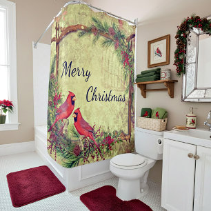 Vintage Cardinals Christmas Shower Curtain