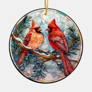 Vintage Cardinals Stain Glass Christmas Ceramic Ornament
