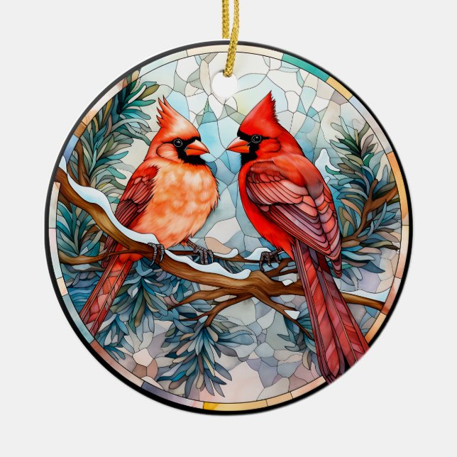 Vintage Cardinals Stain Glass Christmas Ceramic Ornament (Front)