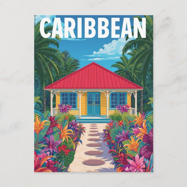 Vintage Caribbean Tropical House Postcard (Front)