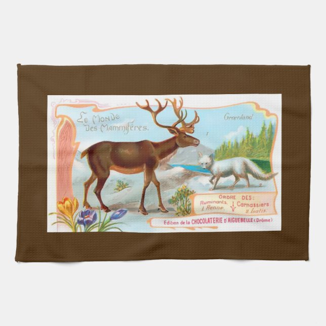 Vintage Caribou (Reindeer) and Arctic Fox Tea Towel (Horizontal)