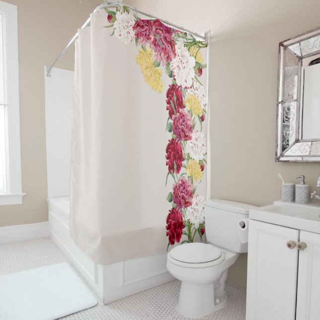 Vintage Carnation Floral illustration Shower Curtain (In Situ)