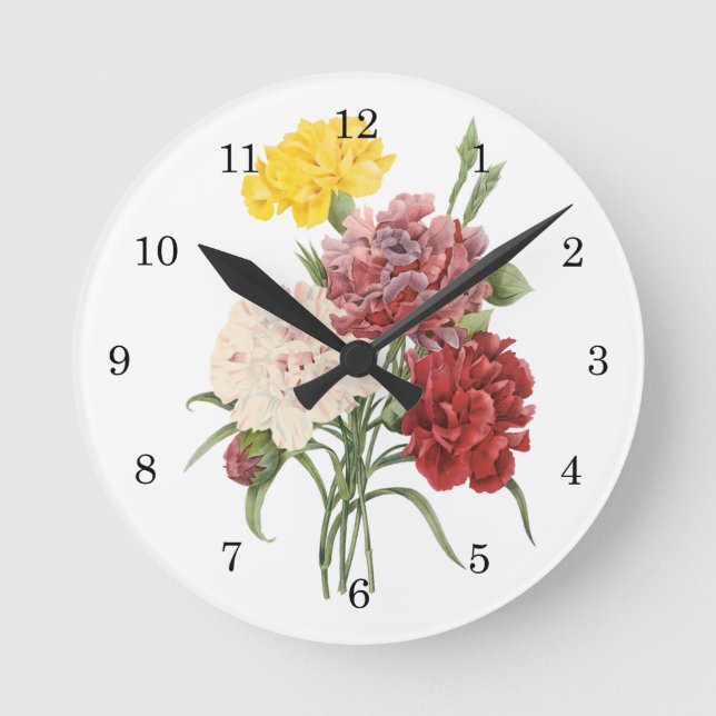 Vintage Carnations Dianthus Garden Flowers Redoute Round Clock (Front)