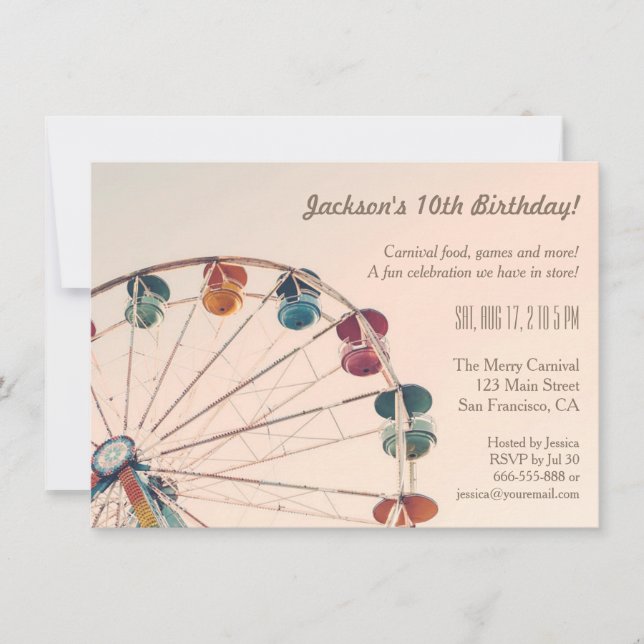 Vintage Carnival Ferris Wheel Kids Birthday Party Invitation (Front)