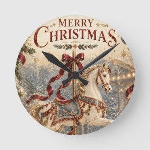 Vintage Carousel Horse Christmas , Elegant Holiday Round Clock