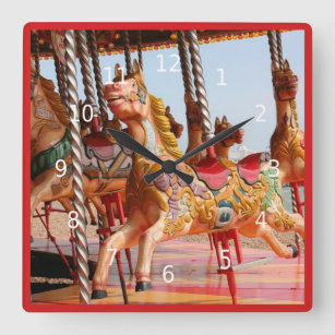 Vintage carousel horses on a merry go round square wall clock