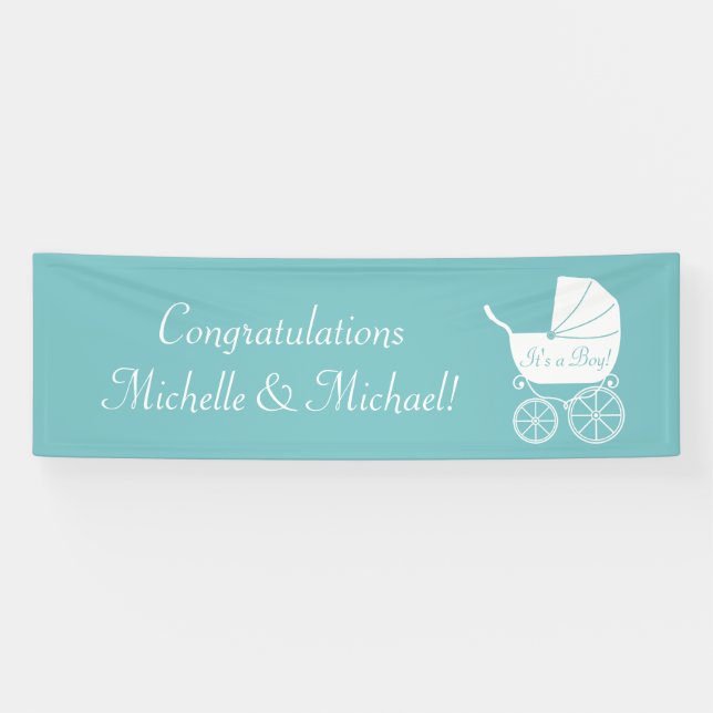 Vintage Carriage Baby Shower Cute Blue Boy Banner (Horizontal)