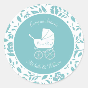 Vintage Carriage Baby Shower Cute Blue Boy Classic Round Sticker