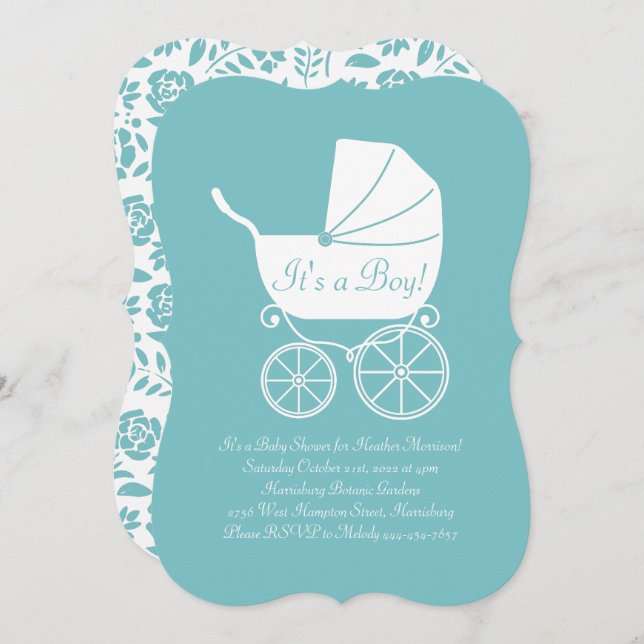 Vintage Carriage Baby Shower Cute Blue Boy Invitation (Front/Back)