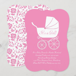 Vintage Carriage Baby Shower Cute Pink Girl Invitation