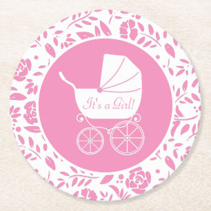 Vintage Carriage Baby Shower Cute Pink Girl Round Paper Coaster