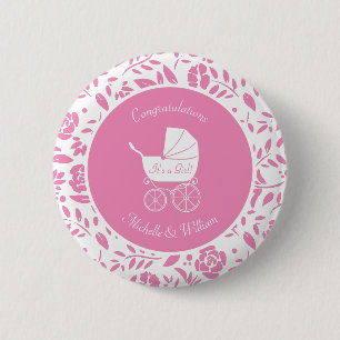 Vintage Carriage Baby Shower Elegant Pink Girl 6 Cm Round Badge
