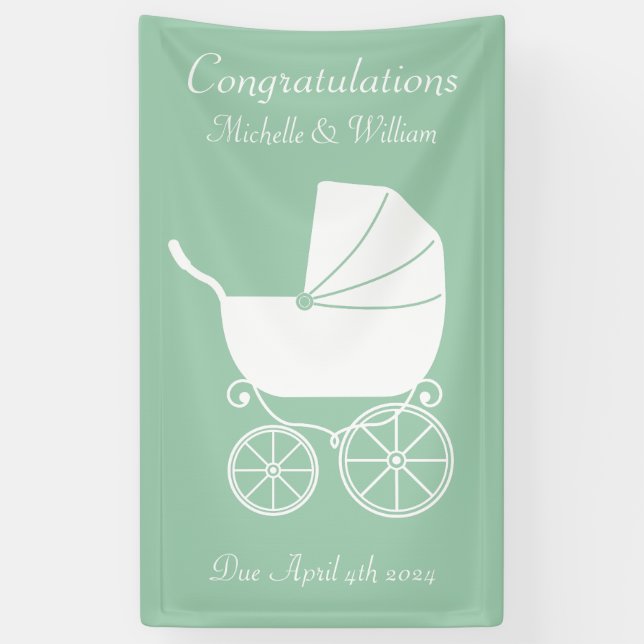 Vintage Carriage Baby Shower Green Gender Neutral Banner (Vertical)