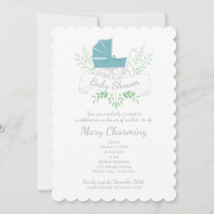 vintage carriage boy BABY SHOWER blue pram Invitation