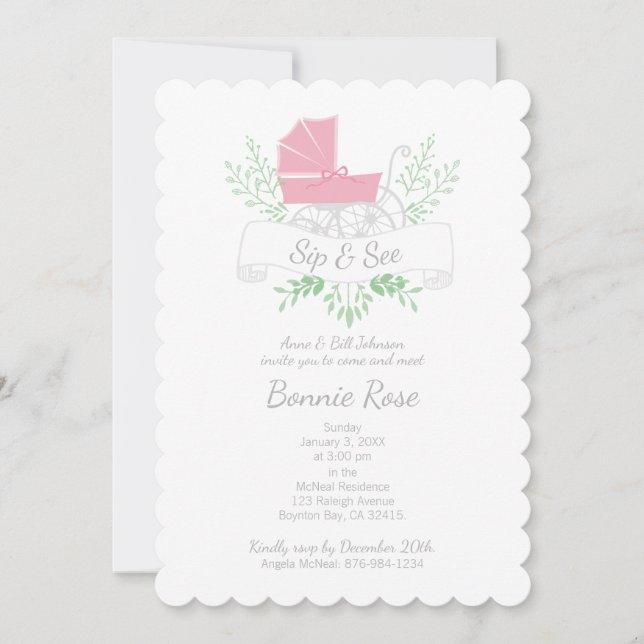 vintage carriage girl SIP & SEE pink pram Invitation (Front)