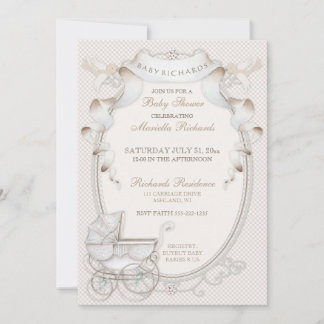 Vintage Carriage Ivory Creme Gingham Birds Invitation