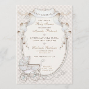 Vintage Carriage Ivory Creme Gingham Birds Invitation