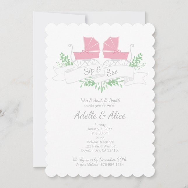 vintage carriage SIP & SEE pink pram Invitation (Front)