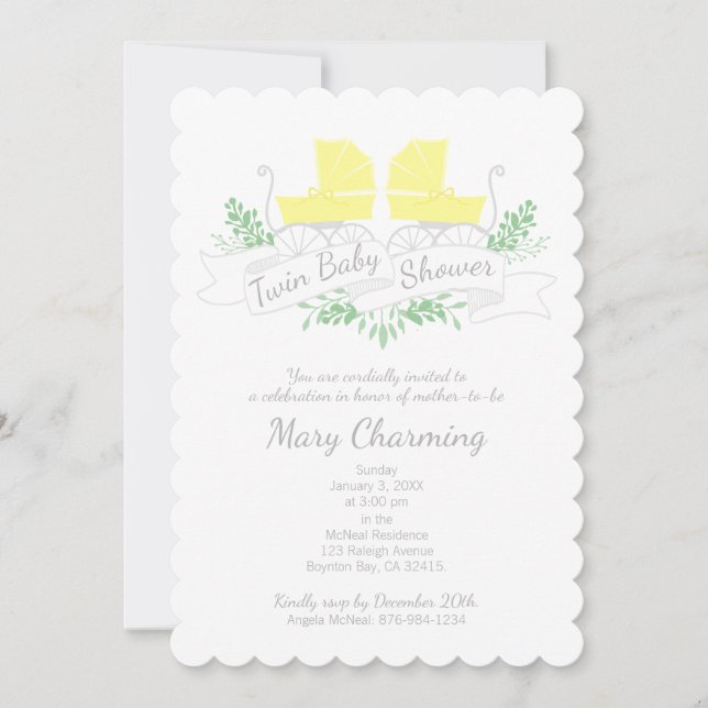 vintage carriage twin BABY SHOWER yellow pram Invitation (Front)