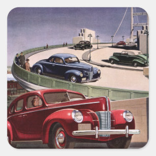 Vintage Cars, Classic Sedans Road Trip on Freeway Square Sticker