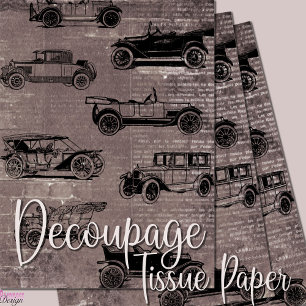 Vintage cars on taupe brick and newspaper print tissue paper