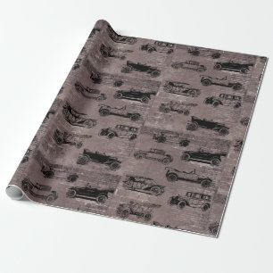 Vintage cars on taupe brick and newspaper print wrapping paper