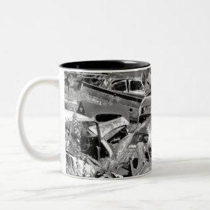 Vintage cars rusting away in a car yard Two-Tone coffee mug