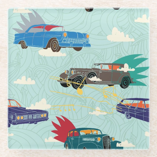 Vintage Cars: Sky Clouds Pattern Glass Coaster (Front)