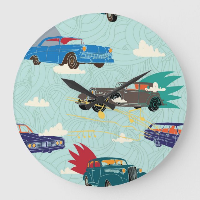 Vintage Cars: Sky Clouds Pattern Large Clock (Front)