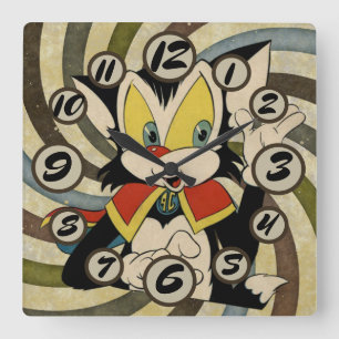 Vintage cartoon cat old retro spiral customisable square wall clock