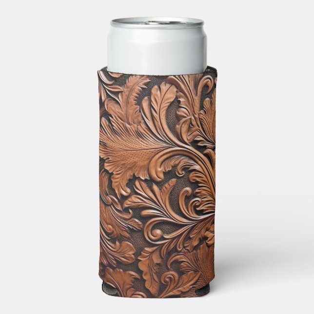 Vintage carved leather seltzer can cooler (Seltzer Front)