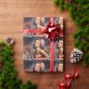 Vintage Casino Pin-Up Illustration Wrapping Paper