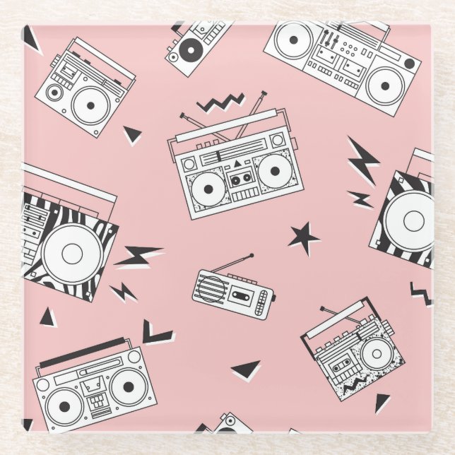 Vintage cassette players: retro pattern. glass coaster (Front)