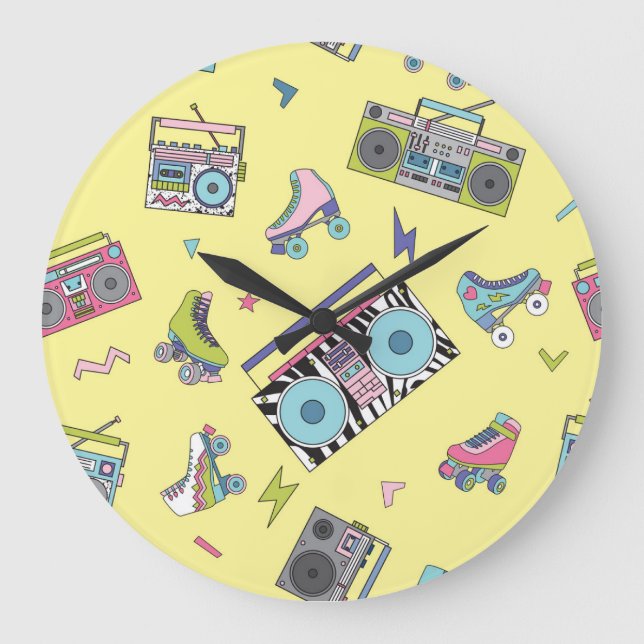 Vintage cassette, roller skates: retro large clock (Front)