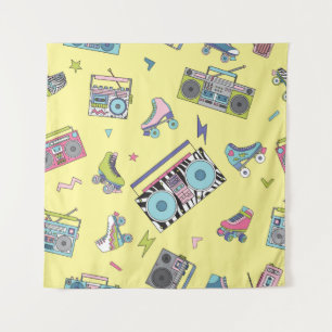 Vintage cassette, roller skates: retro tapestry