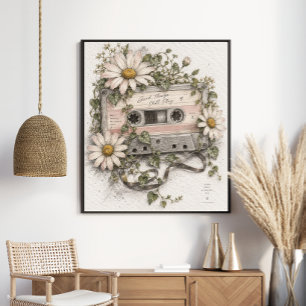 Vintage Cassette Wildflowers Retro Music Poster