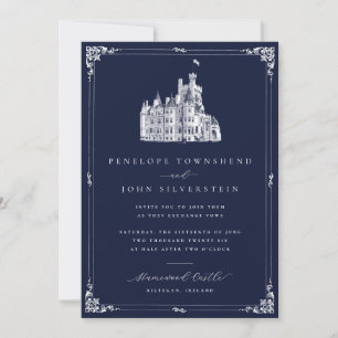Vintage Castle Illustration Border Navy Wedding Invitation