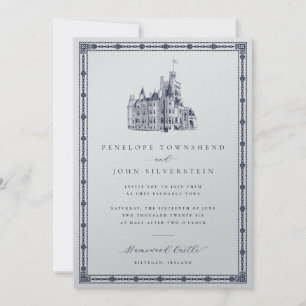 Vintage Castle Illustration Border Silver Wedding Invitation