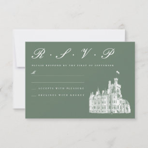 Vintage Castle Illustration Sage Green Wedding RSVP Card