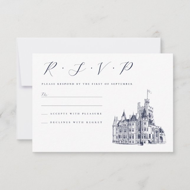 Vintage Castle Venue Illustration Wedding RSVP Card (Front)