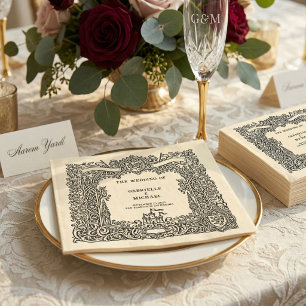 Vintage Castle Wedding Paper Napkin Black Ivory