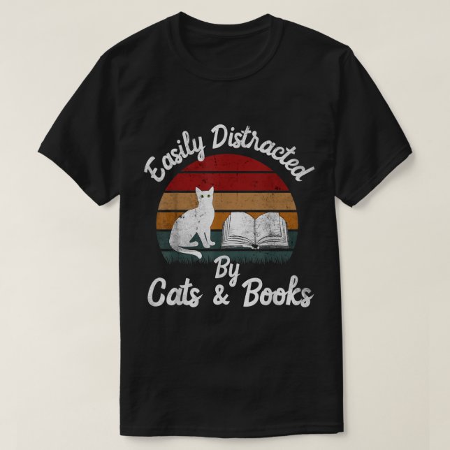 Vintage Cat and Book Lover Design T-Shirt (Design Front)
