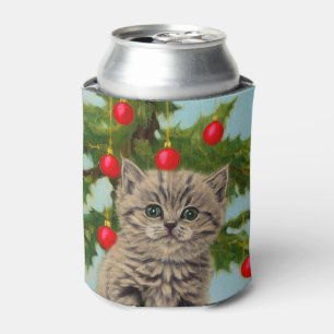 Vintage Cat and Christmas Tree Can Cooler