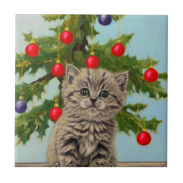 Vintage Cat and Christmas Tree Ceramic Tile (Front)